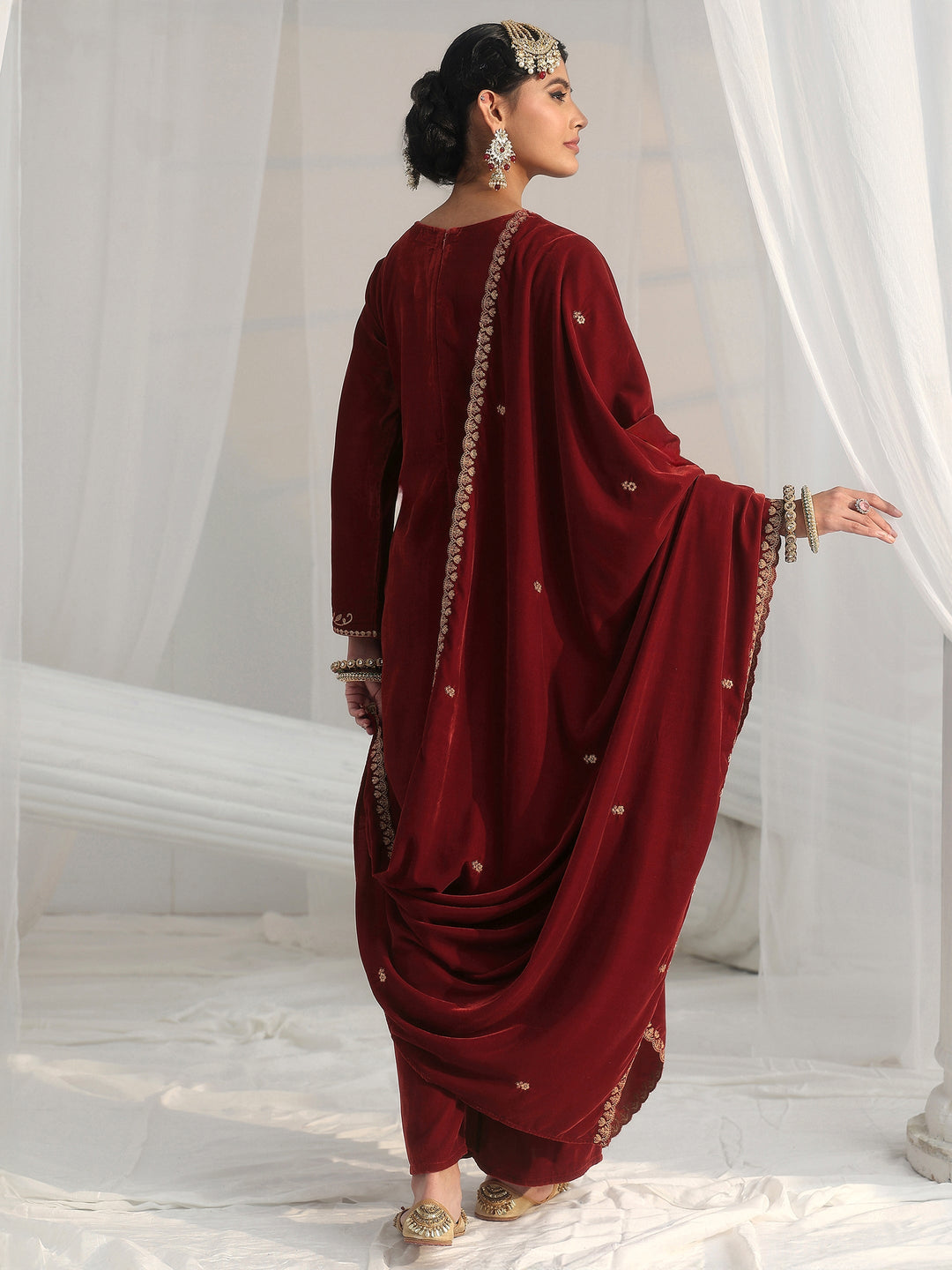  Libas Rust Brown Foral Embroidered Velvet Straight Suit Set 