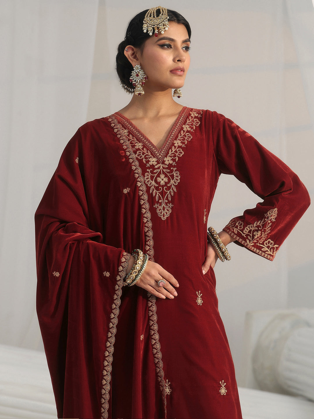  Libas Rust Brown Foral Embroidered Velvet Straight Suit Set 