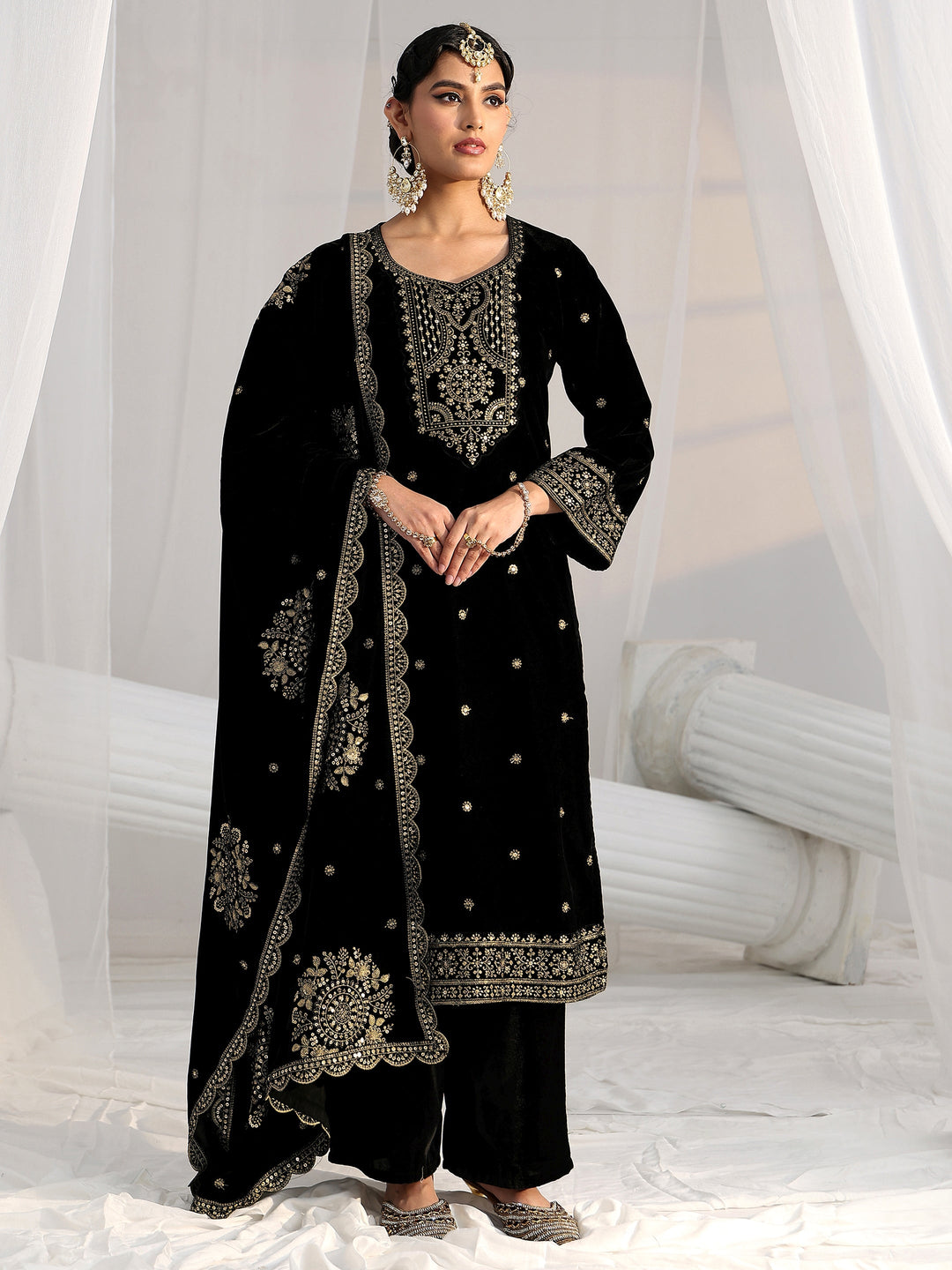  Libas Black Embroidered Velvet Straight Suit Set 
