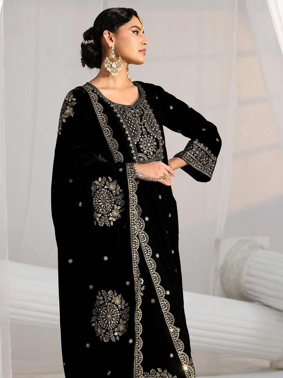  Libas Black Embroidered Velvet Straight Suit Set 