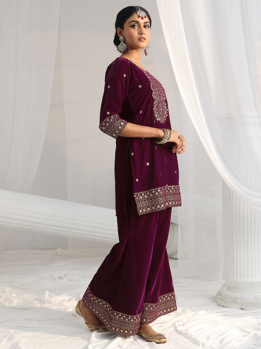  Libas Maroon Embellished Velvet Straight Suit Set 