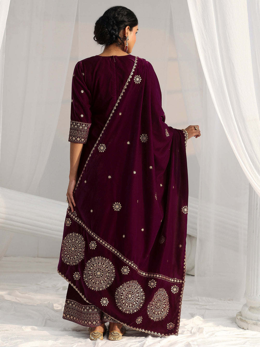  Libas Maroon Embellished Velvet Straight Suit Set 