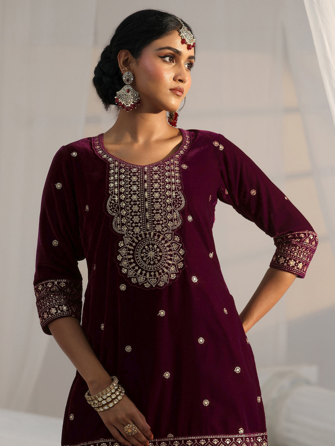  Libas Maroon Embellished Velvet Straight Suit Set 