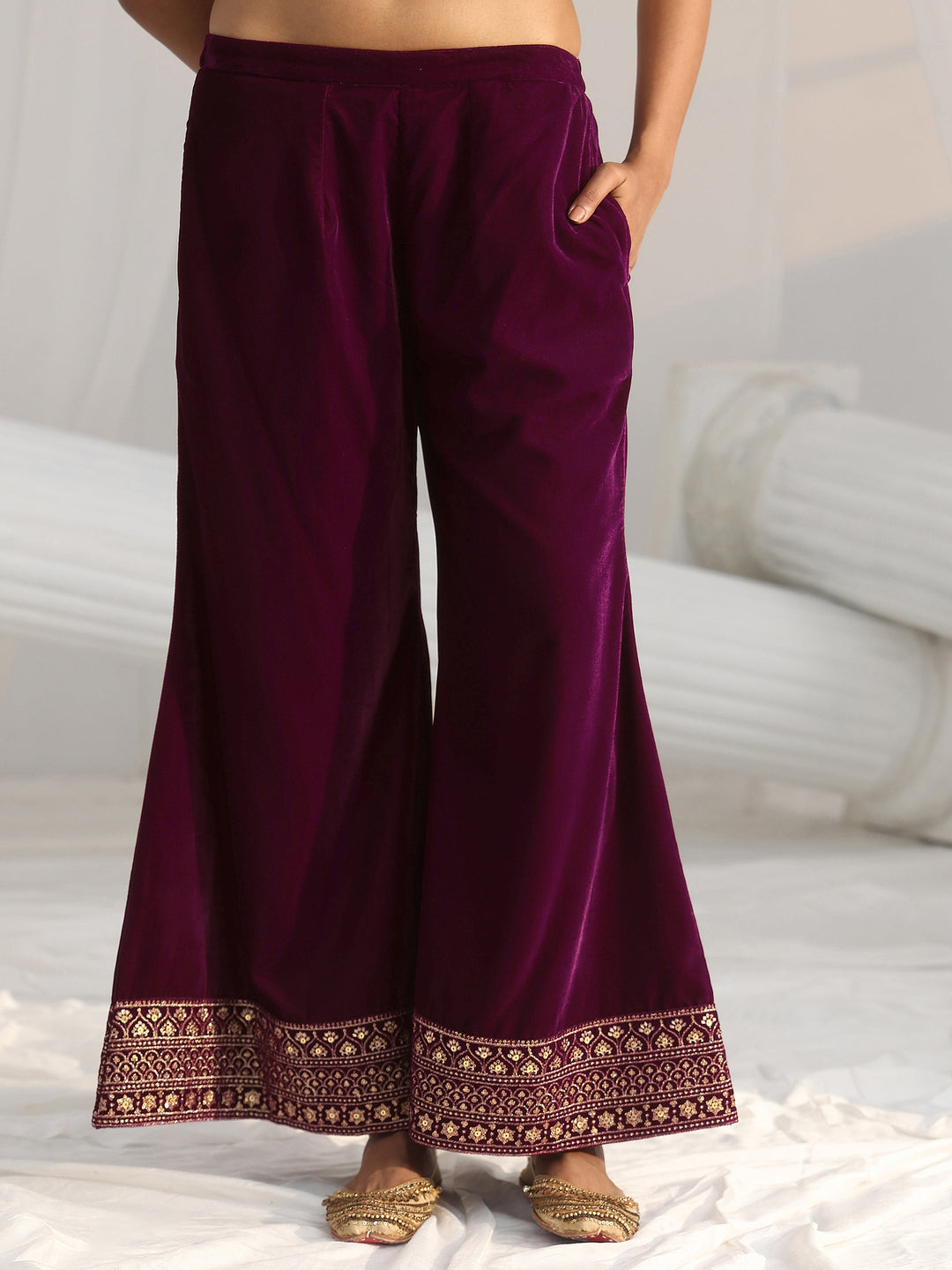  Libas Maroon Embellished Velvet Straight Suit Set 