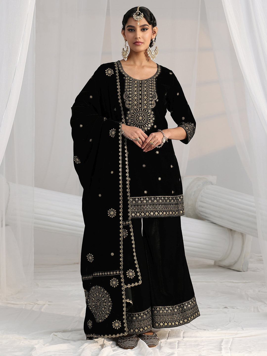  Libas Black Embellished Velvet Straight Suit Set 