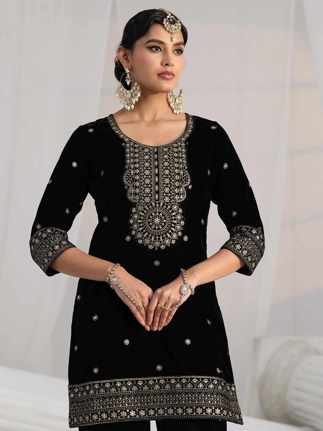  Libas Black Embellished Velvet Straight Suit Set 