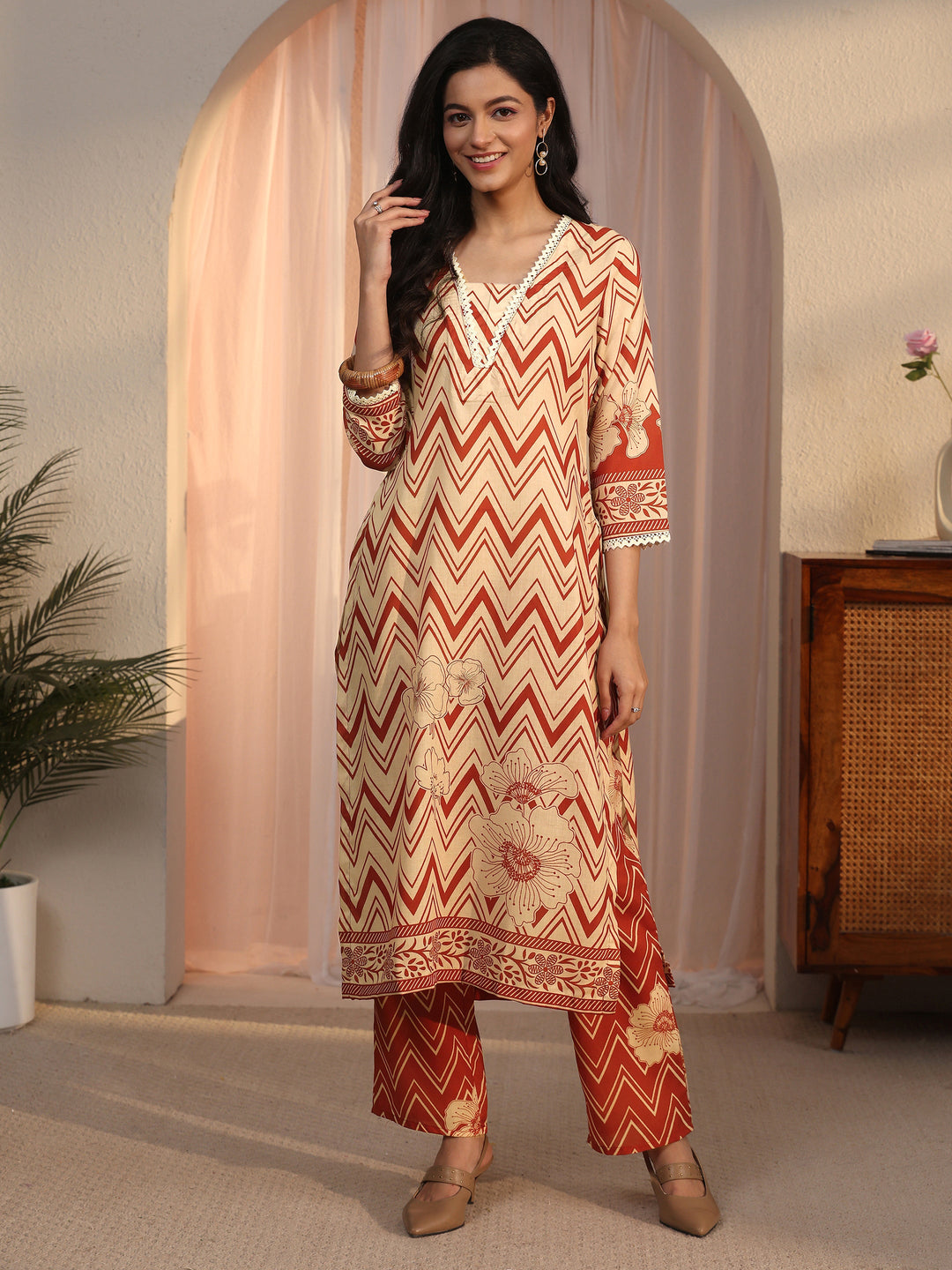  Libas Beige Chevron Printed Cotton Blend Straight Kurta Set 
