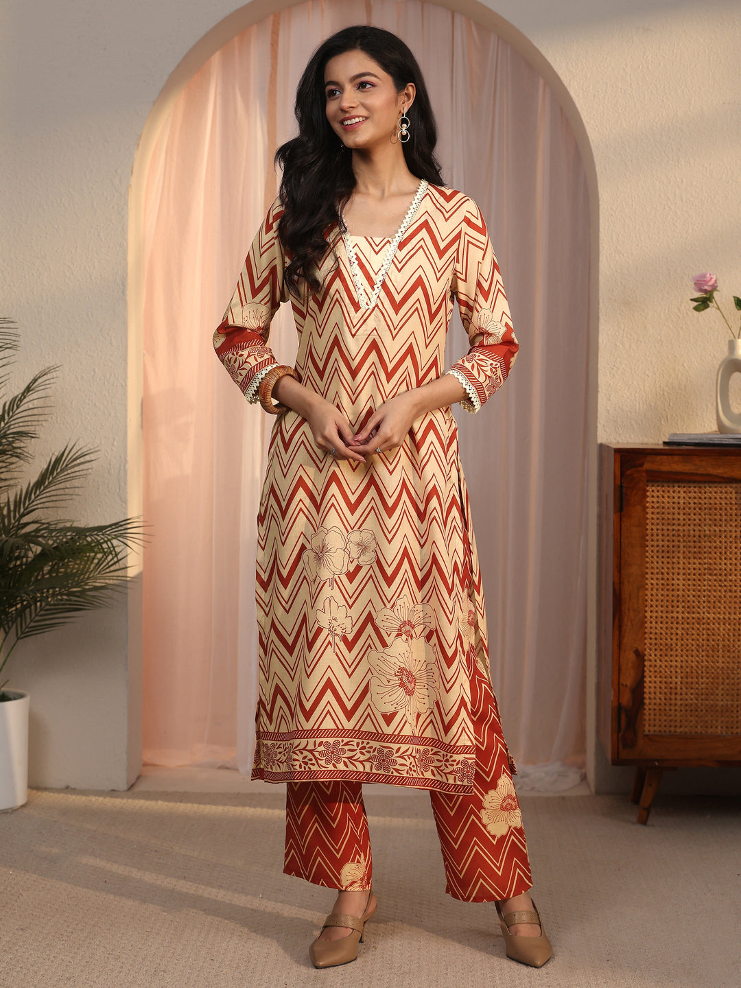  Libas Beige Chevron Printed Cotton Blend Straight Kurta Set 