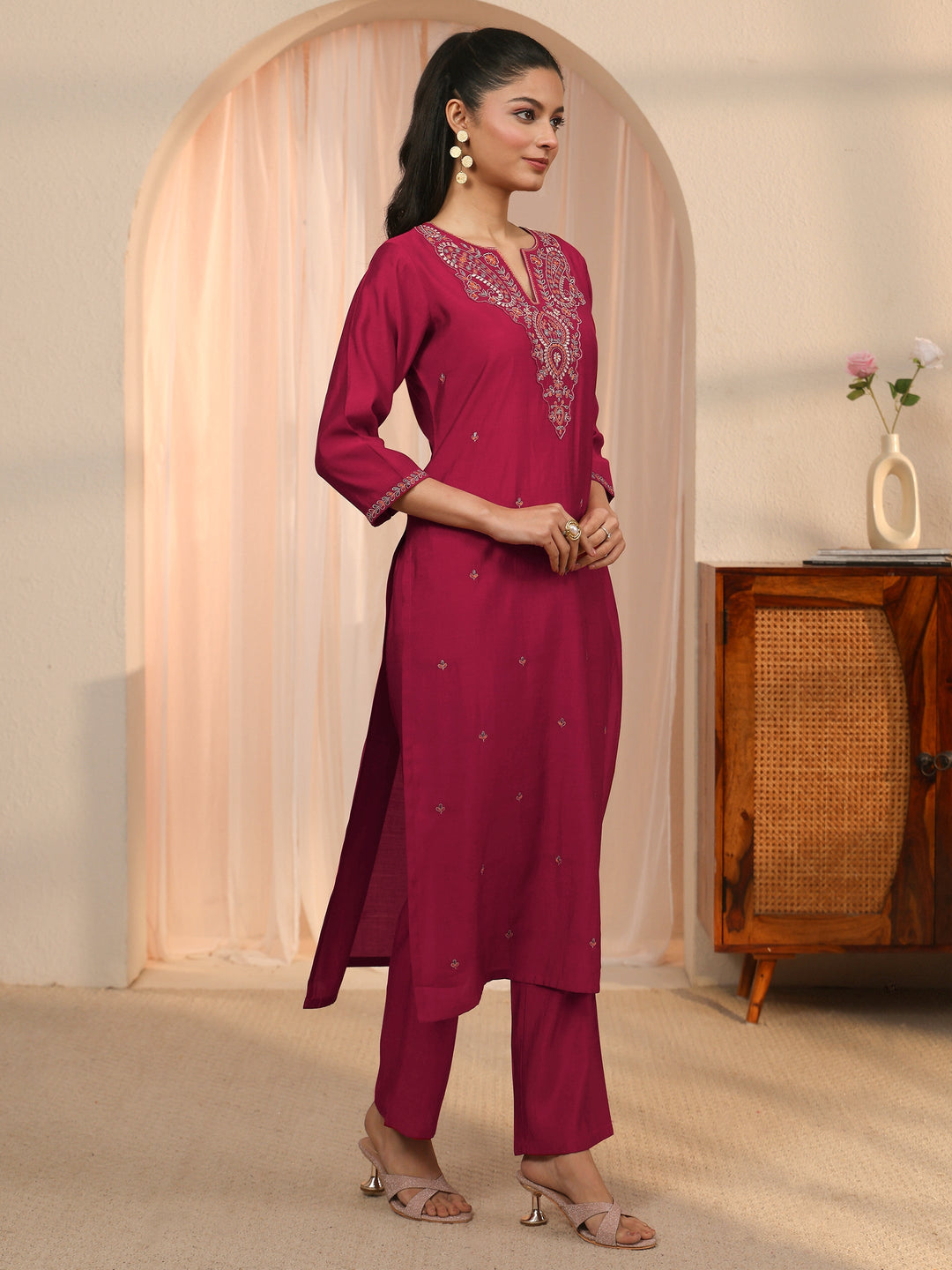  Libas Red Floral Embroidered Silk Blend Straight Kurta Set 