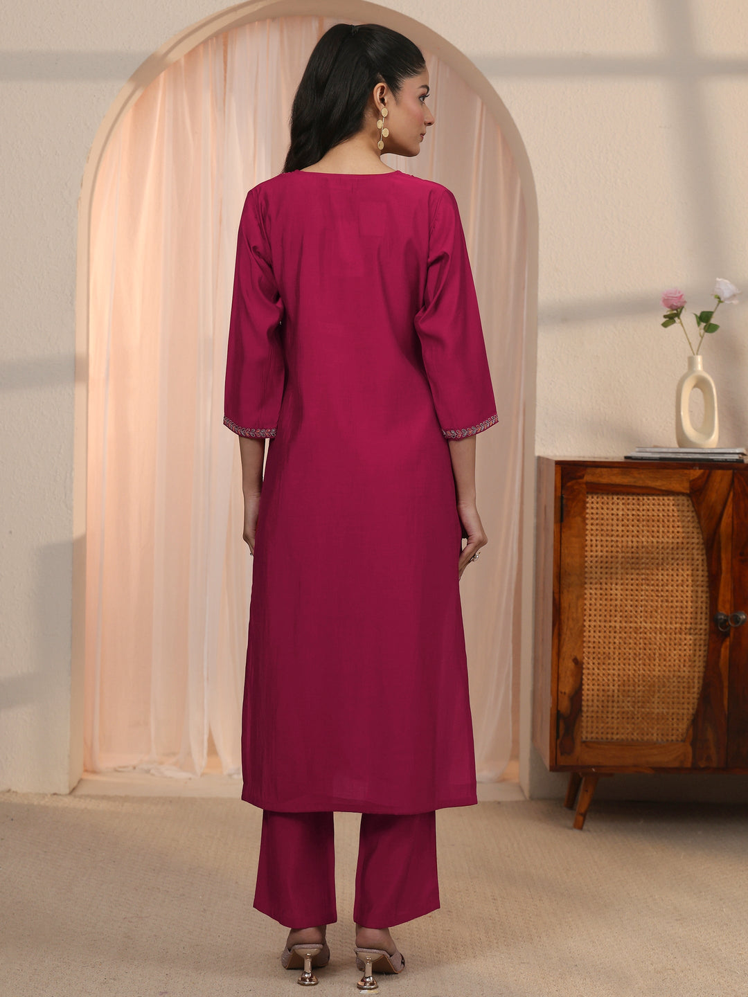  Libas Red Floral Embroidered Silk Blend Straight Kurta Set 