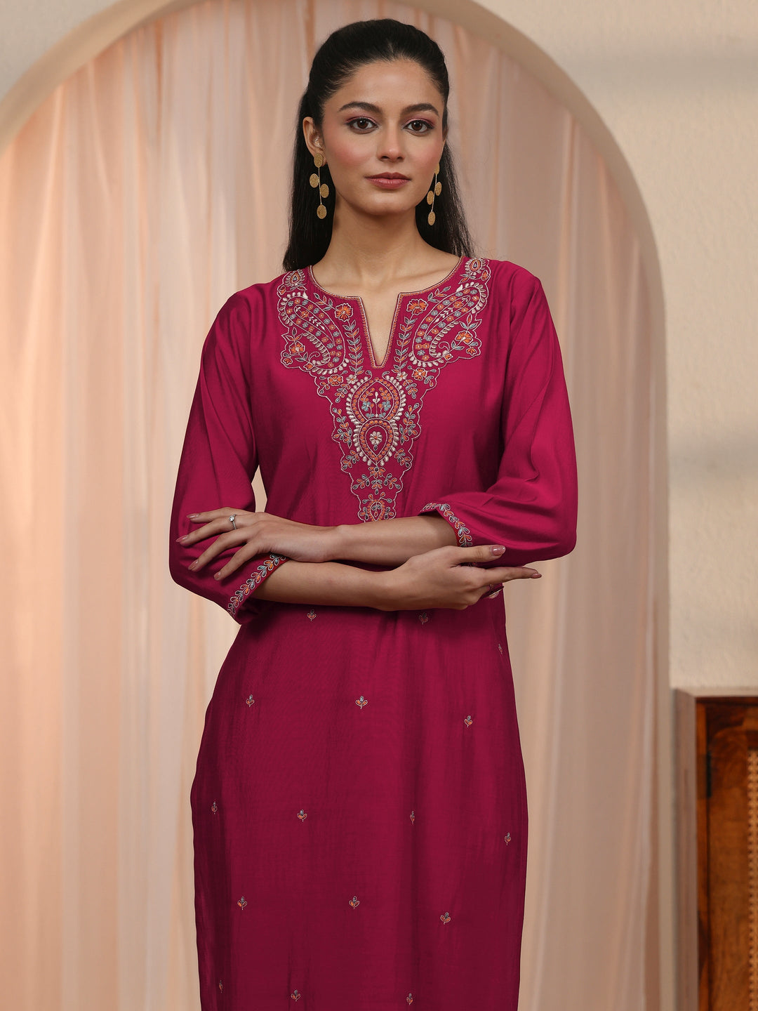  Libas Red Floral Embroidered Silk Blend Straight Kurta Set 