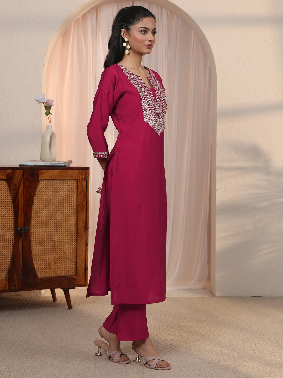  Libas Red Yoke Design Silk Blend Straight Kurta Set 
