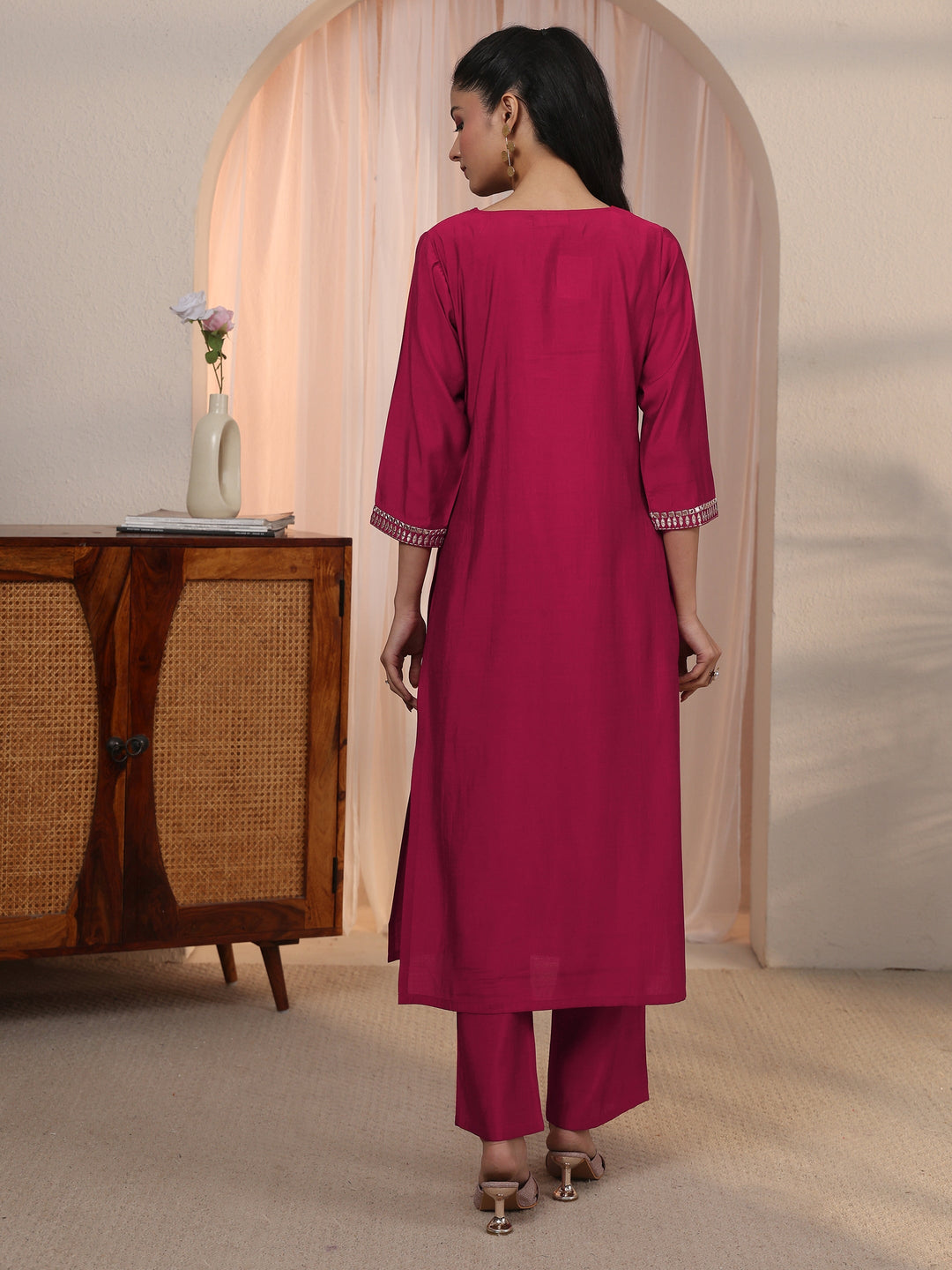  Libas Red Yoke Design Silk Blend Straight Kurta Set 