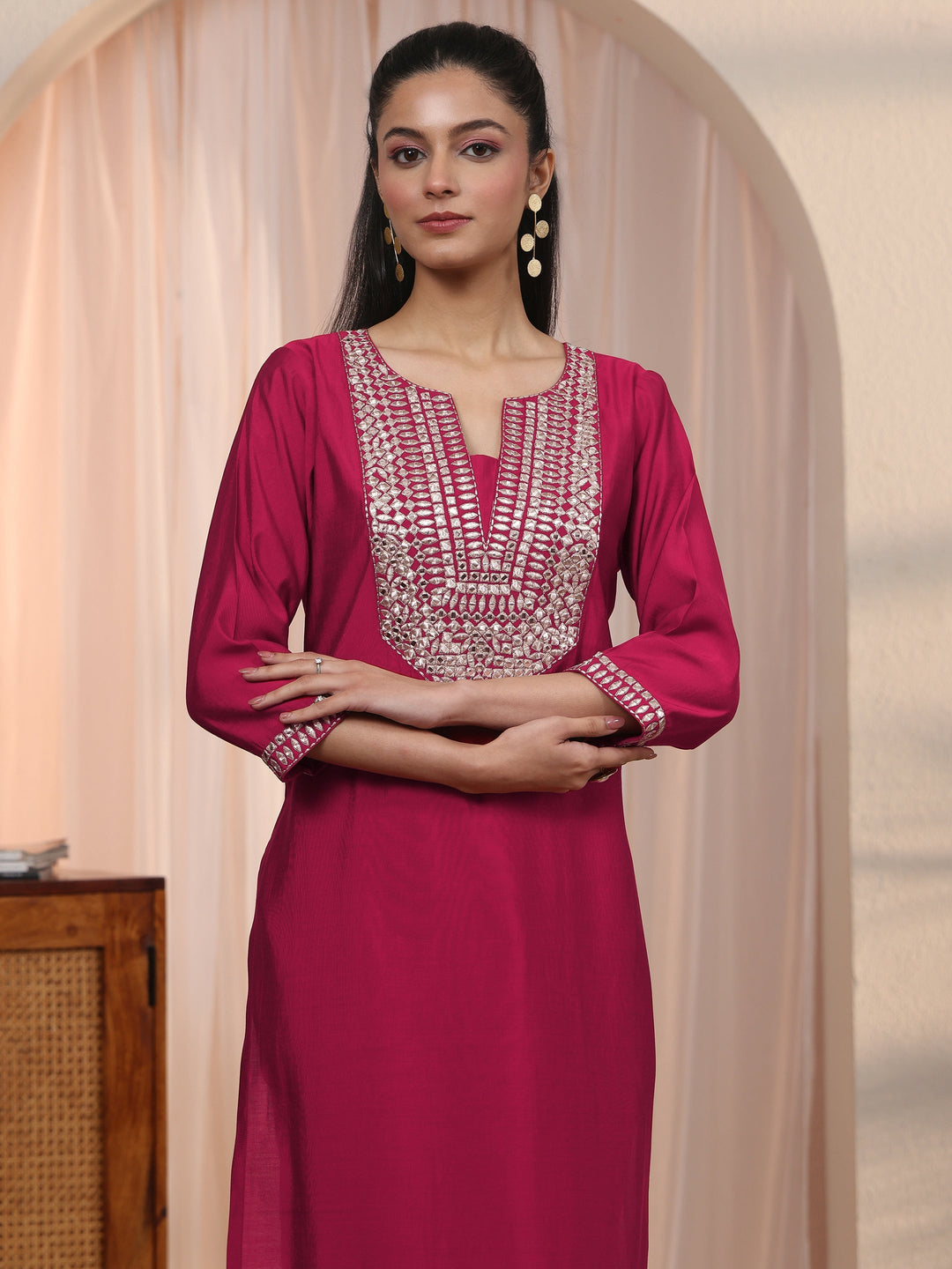  Libas Red Yoke Design Silk Blend Straight Kurta Set 