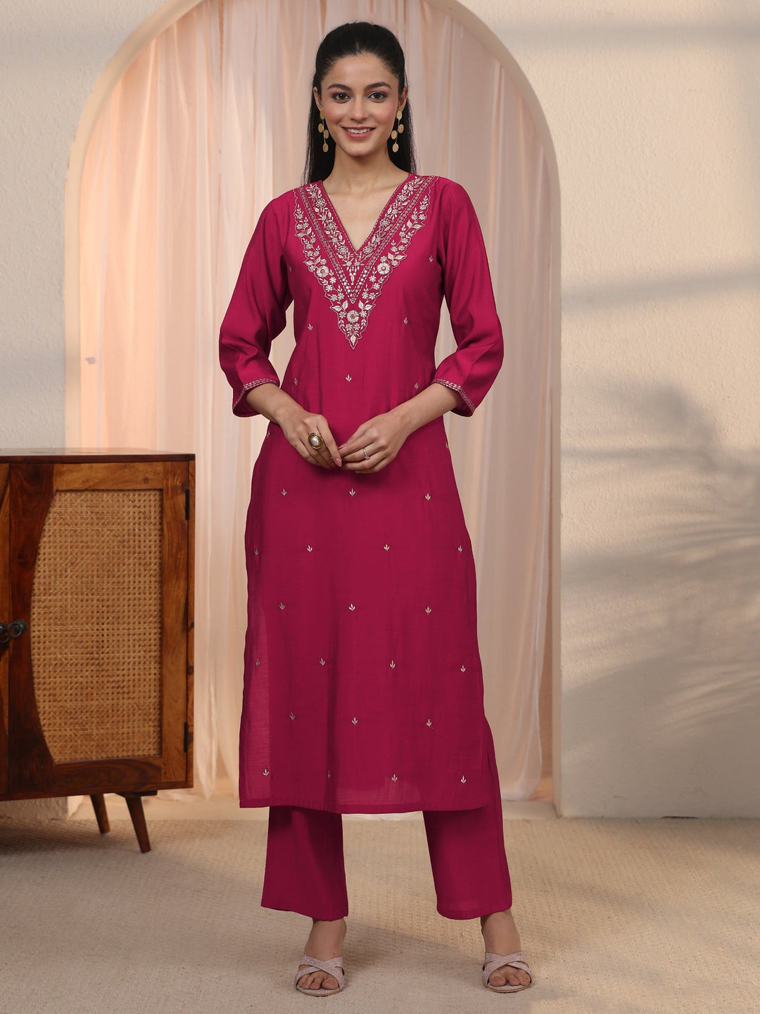  Libas Red Floral Embroidered Silk Blend Straight Kurta Set 