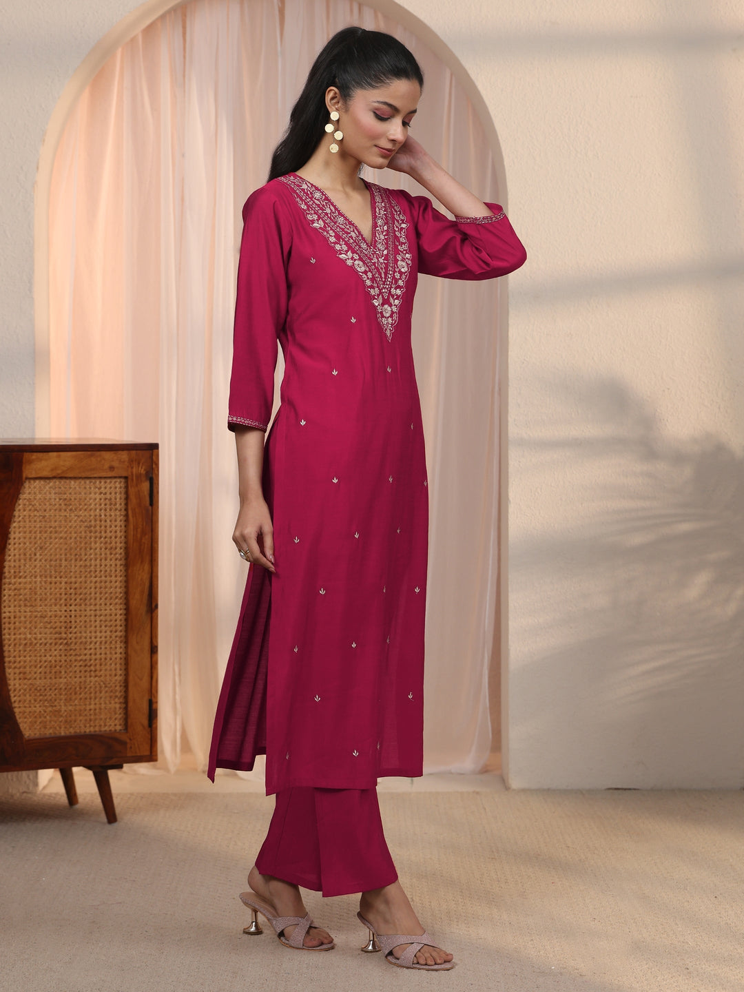  Libas Red Floral Embroidered Silk Blend Straight Kurta Set 
