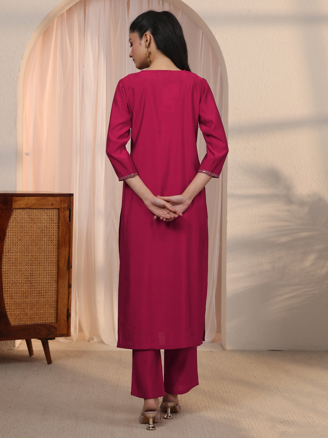  Libas Red Floral Embroidered Silk Blend Straight Kurta Set 