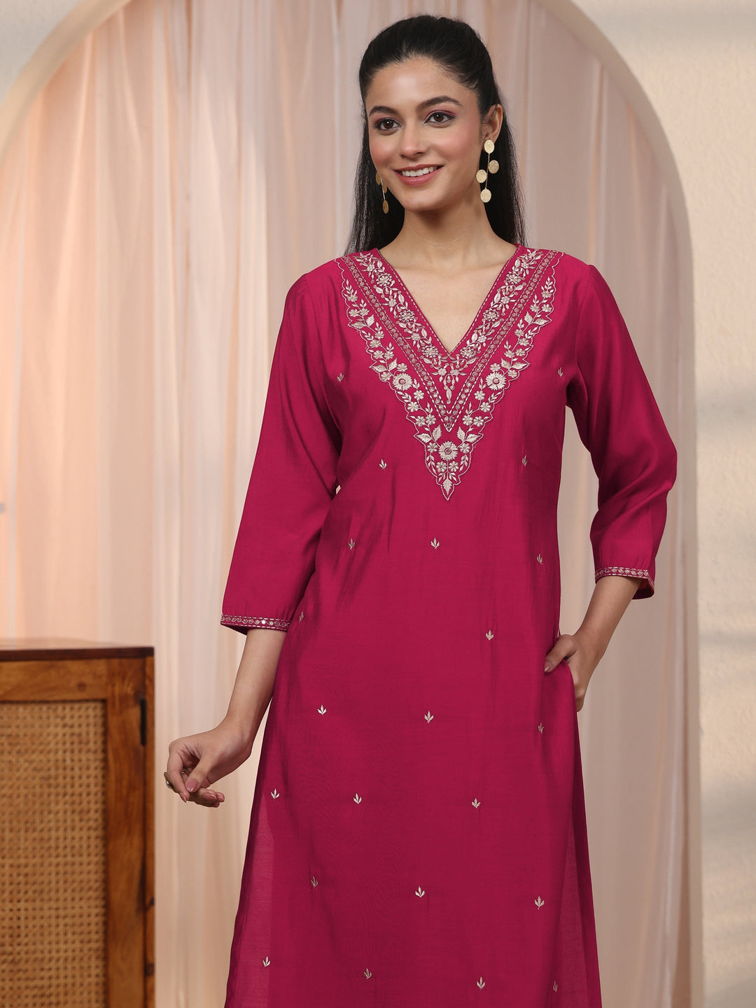  Libas Red Floral Embroidered Silk Blend Straight Kurta Set 
