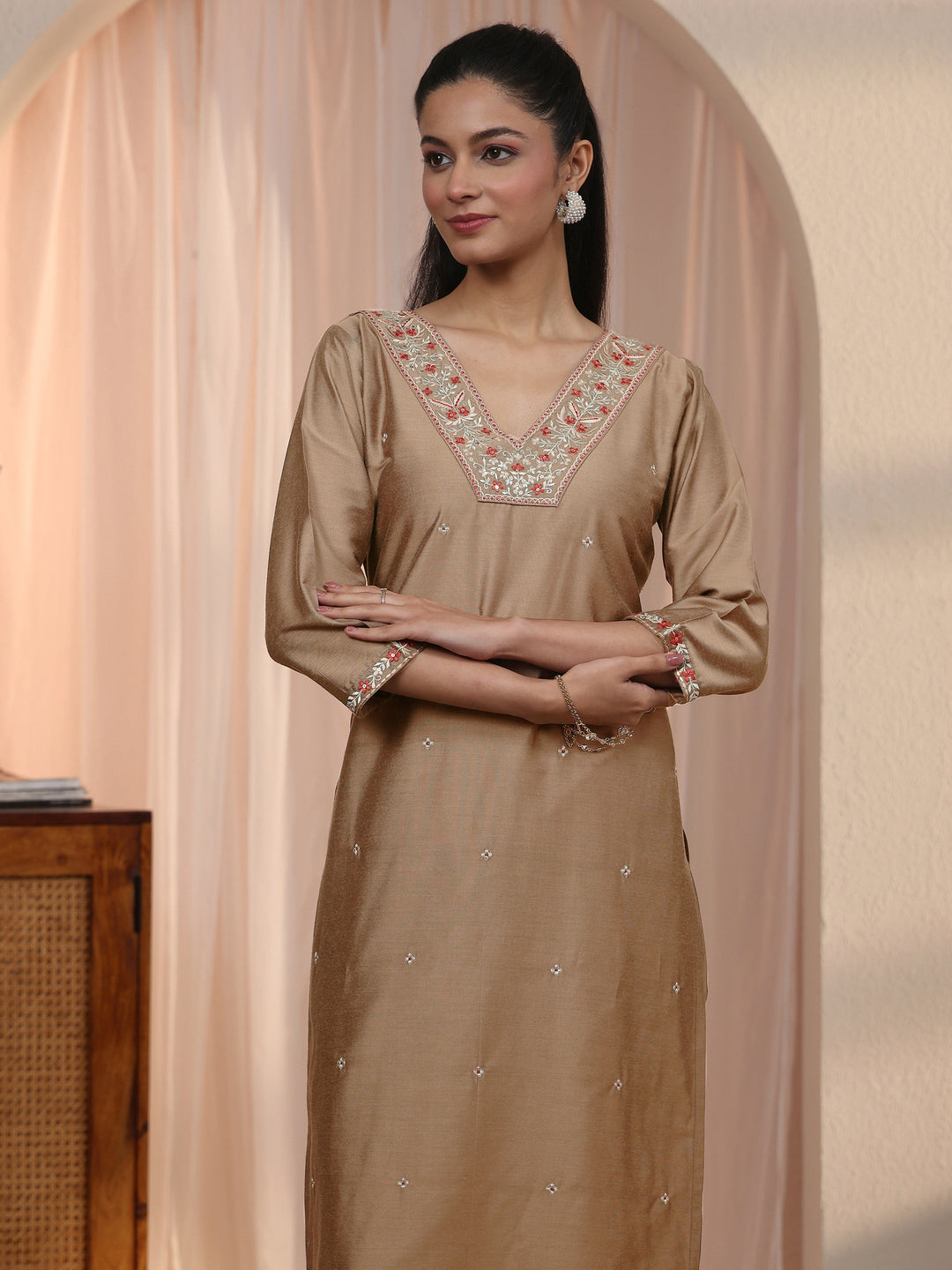  Libas Brown Floral Embroidered Silk Blend Straight Kurta Set 
