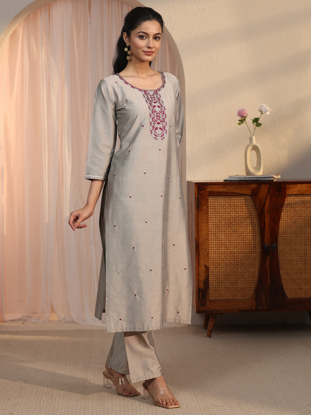  Libas Grey Floral Embroidered Silk Blend Straight Kurta Set 