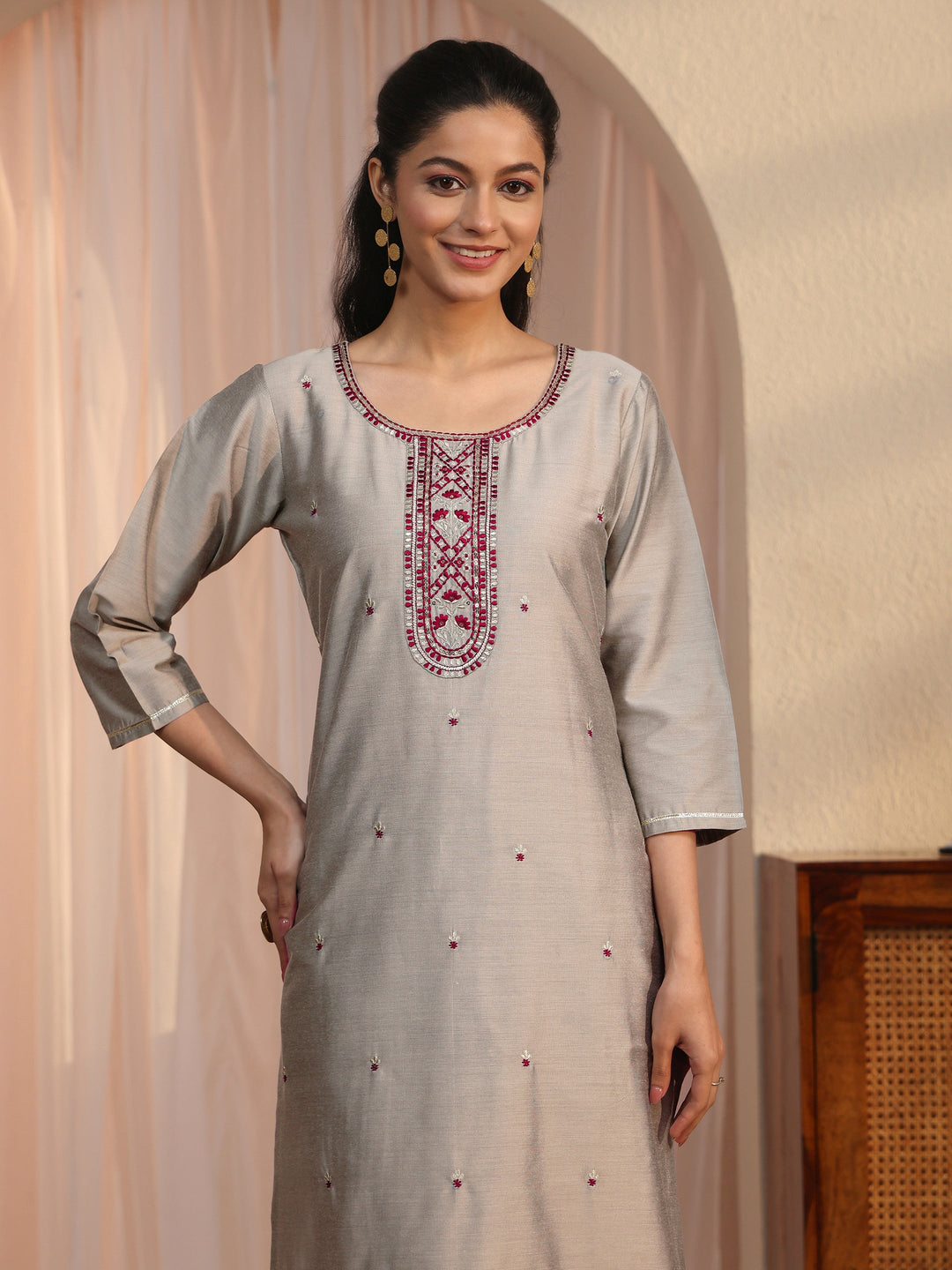  Libas Grey Floral Embroidered Silk Blend Straight Kurta Set 