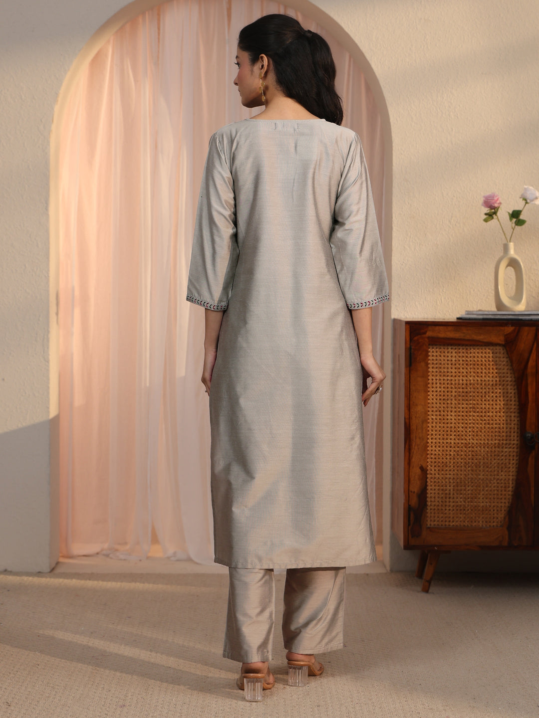  Libas Grey Floral Embroidered Silk Blend Straight Kurta Set 
