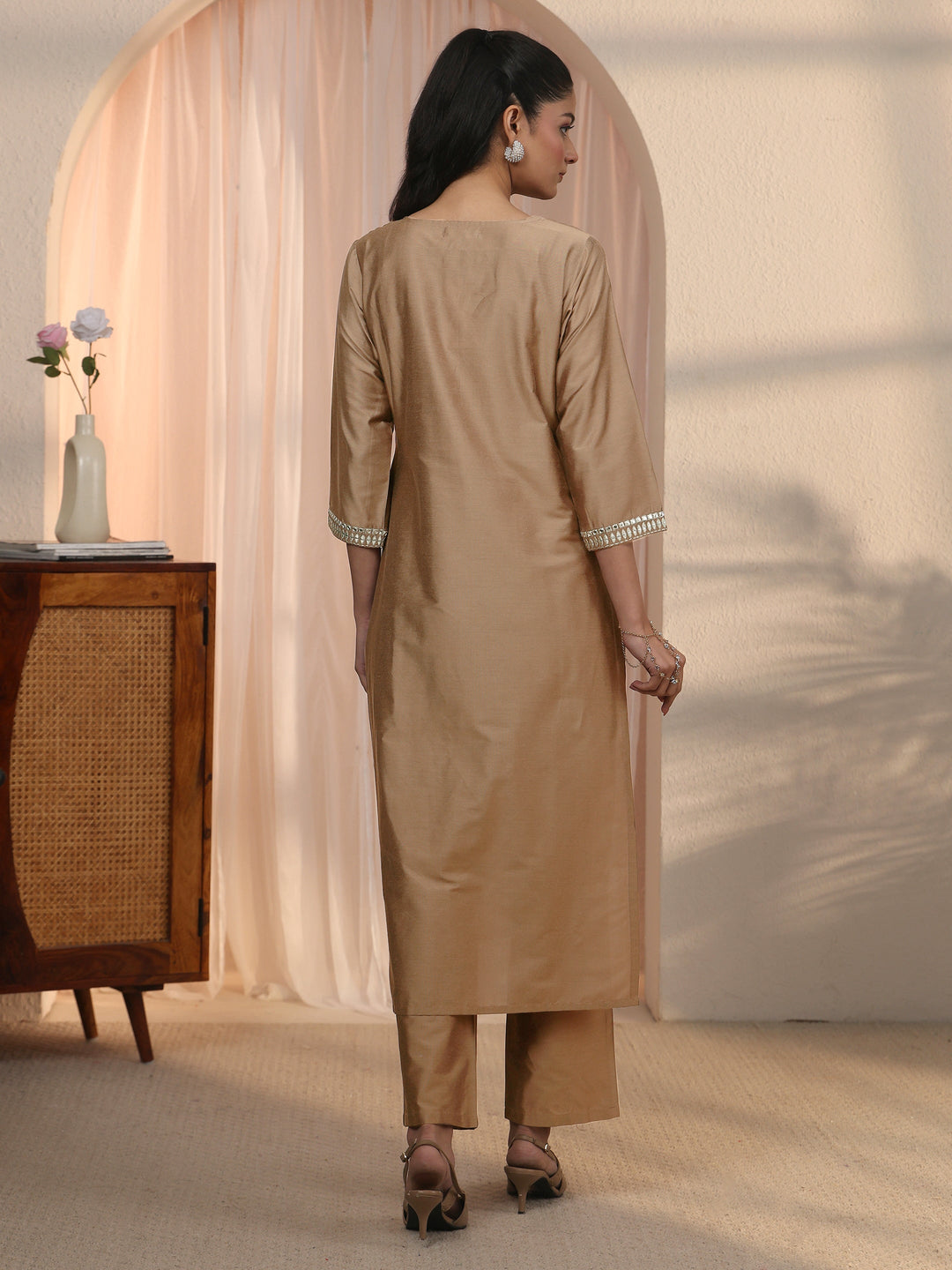  Libas Brown Yoke Design Embroidered Straight Kurta Set 