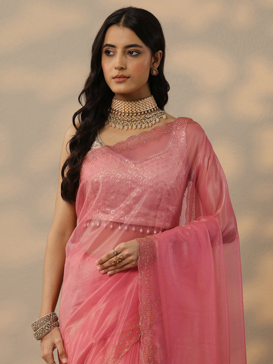  Peach Embellished Nylon Saree With Unstitched Blouse Piece 