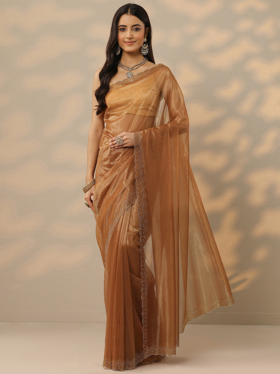 Rust Embellished Nylon Saree With Unstitched Blouse Piece
