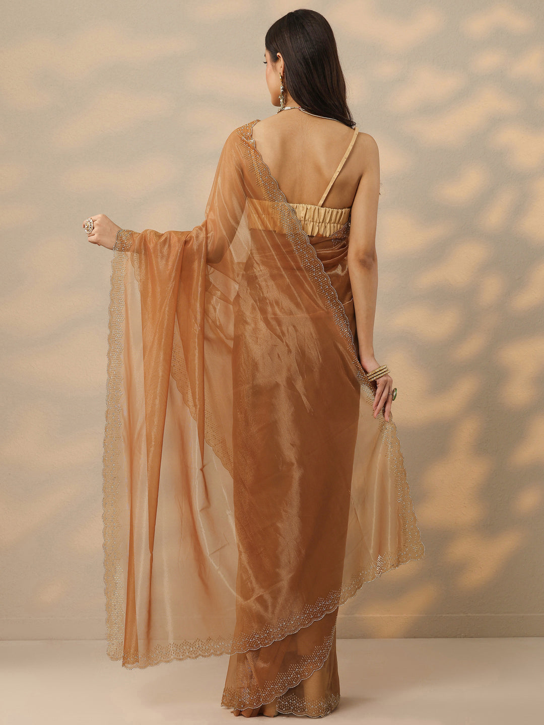  Rust Embellished Nylon Saree With Unstitched Blouse Piece 
