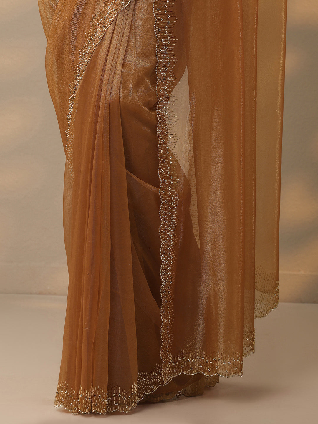  Rust Embellished Nylon Saree With Unstitched Blouse Piece 