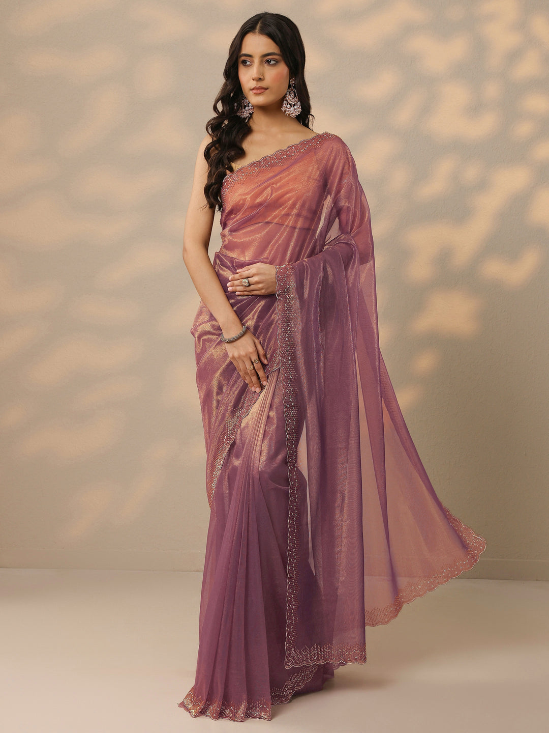  Mauve Embellished Nylon Saree With Unstitched Blouse Piece 