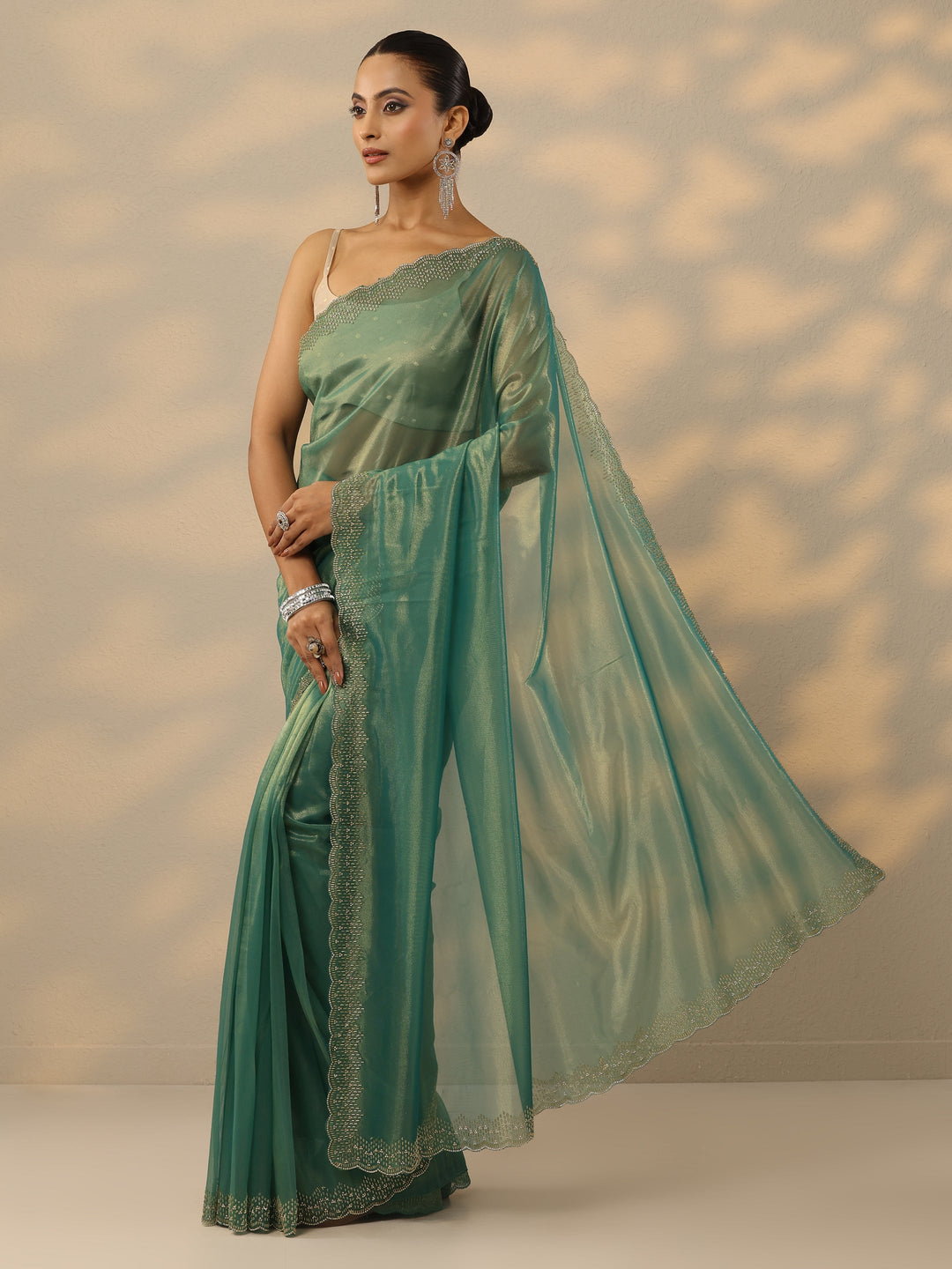  Green Embellished Nylon Saree With Unstitched Blouse Piece 