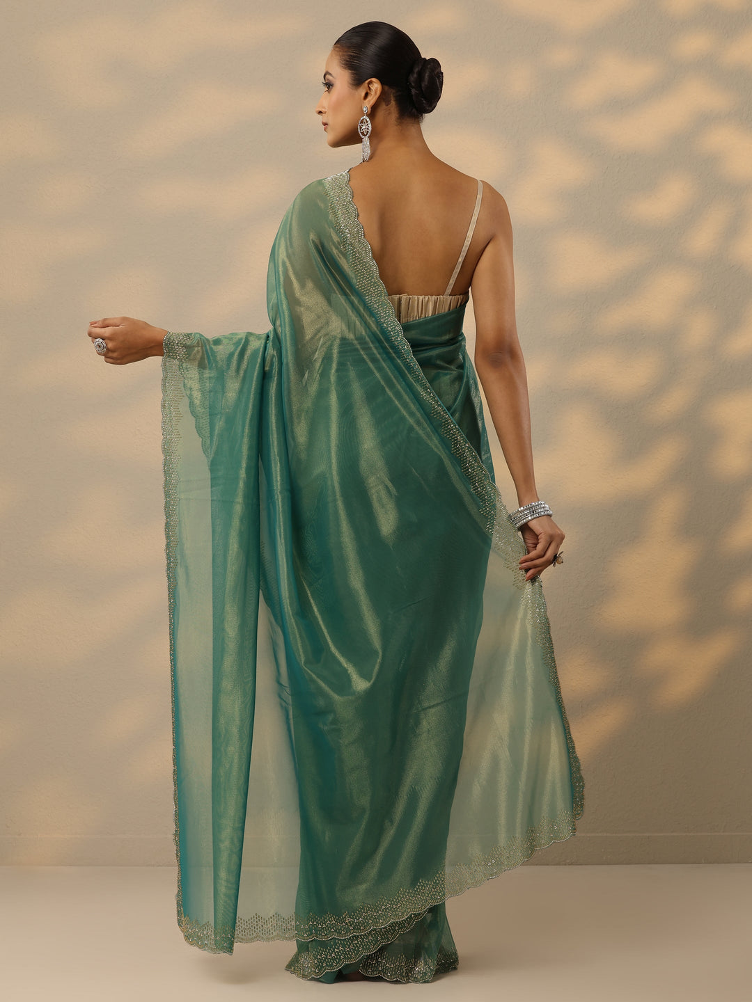  Green Embellished Nylon Saree With Unstitched Blouse Piece 