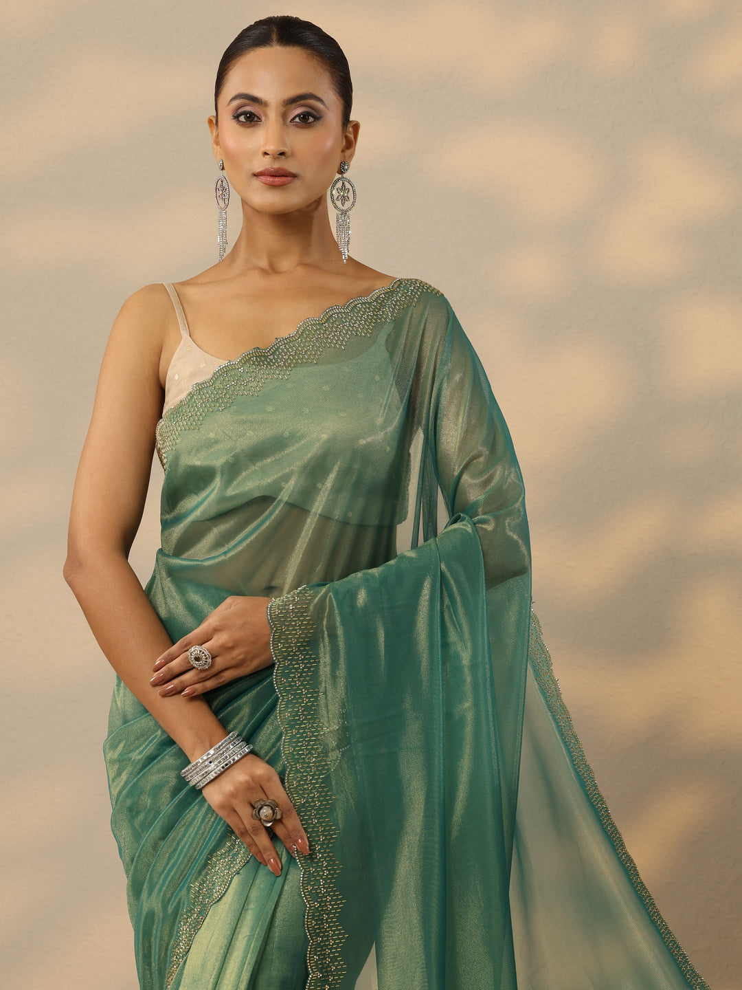  Green Embellished Nylon Saree With Unstitched Blouse Piece 