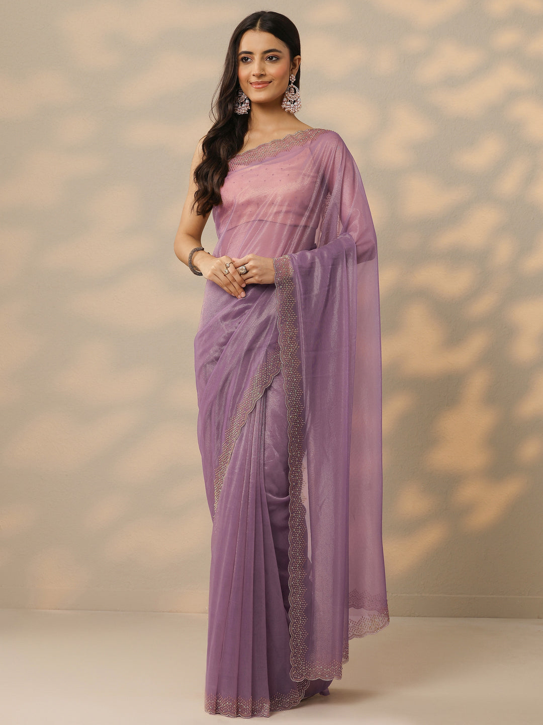  Mauve Embellished Nylon Saree With Unstitched Blouse Piece 