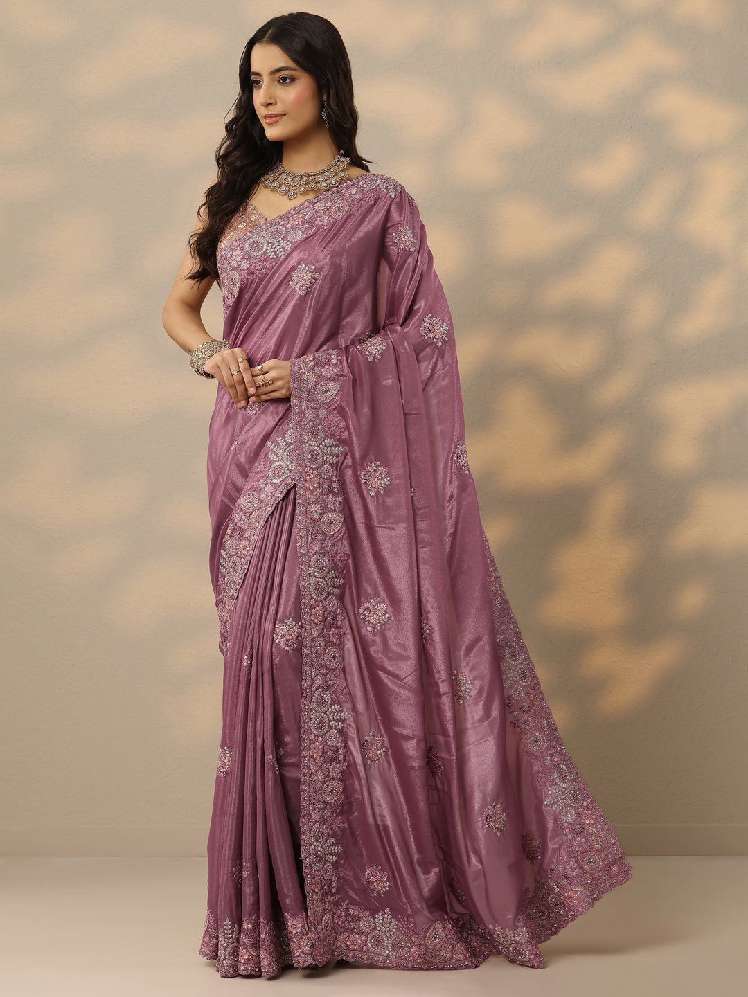  Pink Embroidered Crepe Saree With Unstitched Blouse Piece 