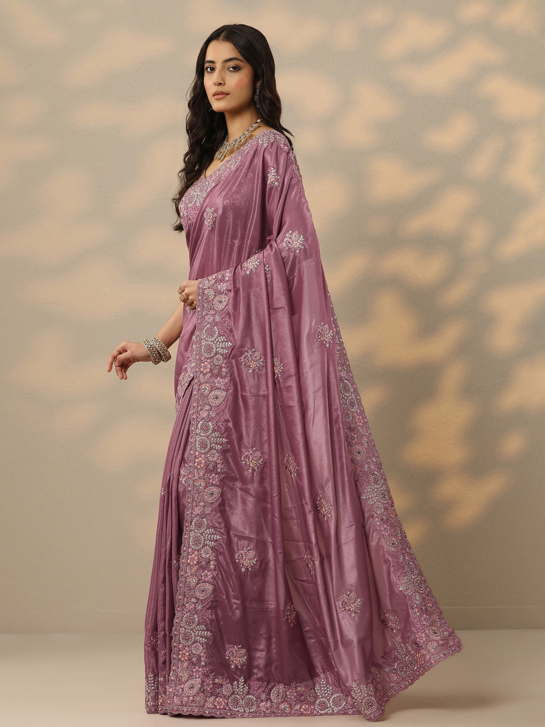  Pink Embroidered Crepe Saree With Unstitched Blouse Piece 