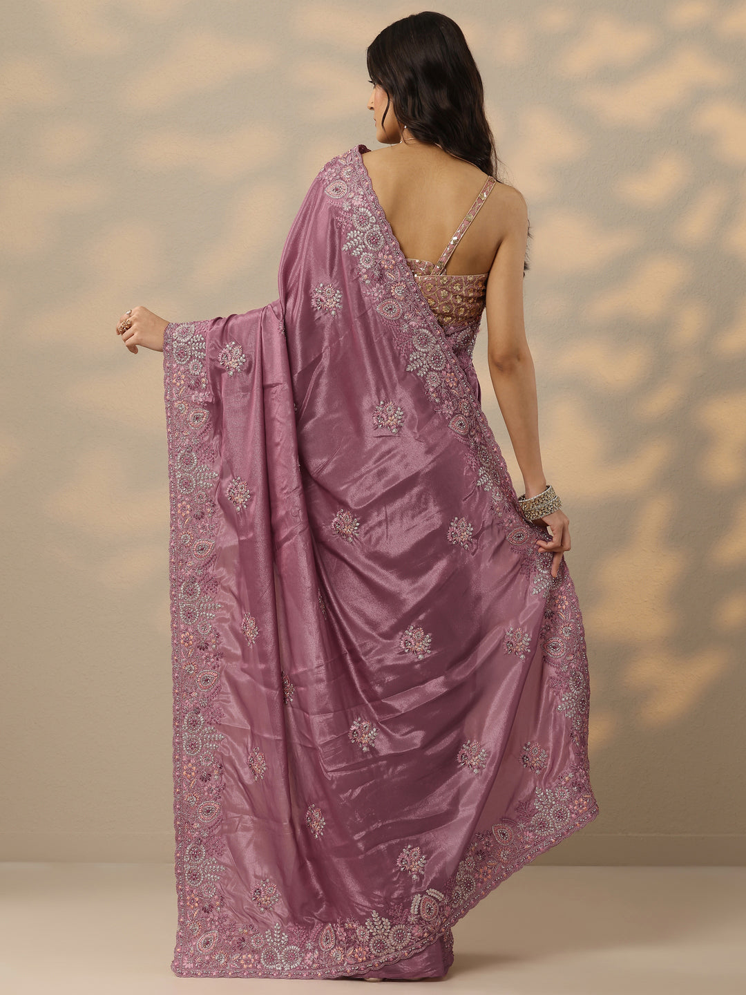  Pink Embroidered Crepe Saree With Unstitched Blouse Piece 