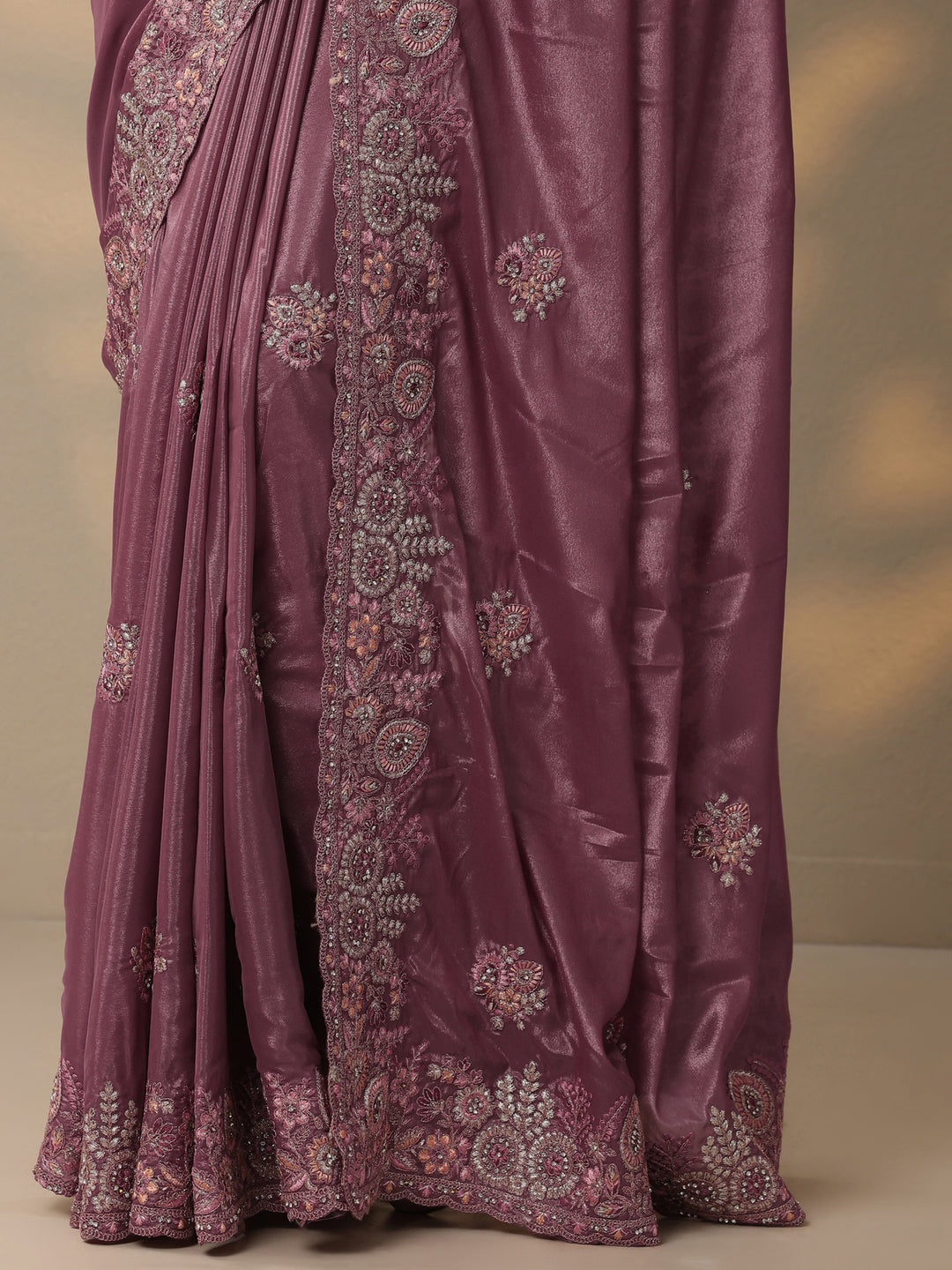  Pink Embroidered Crepe Saree With Unstitched Blouse Piece 