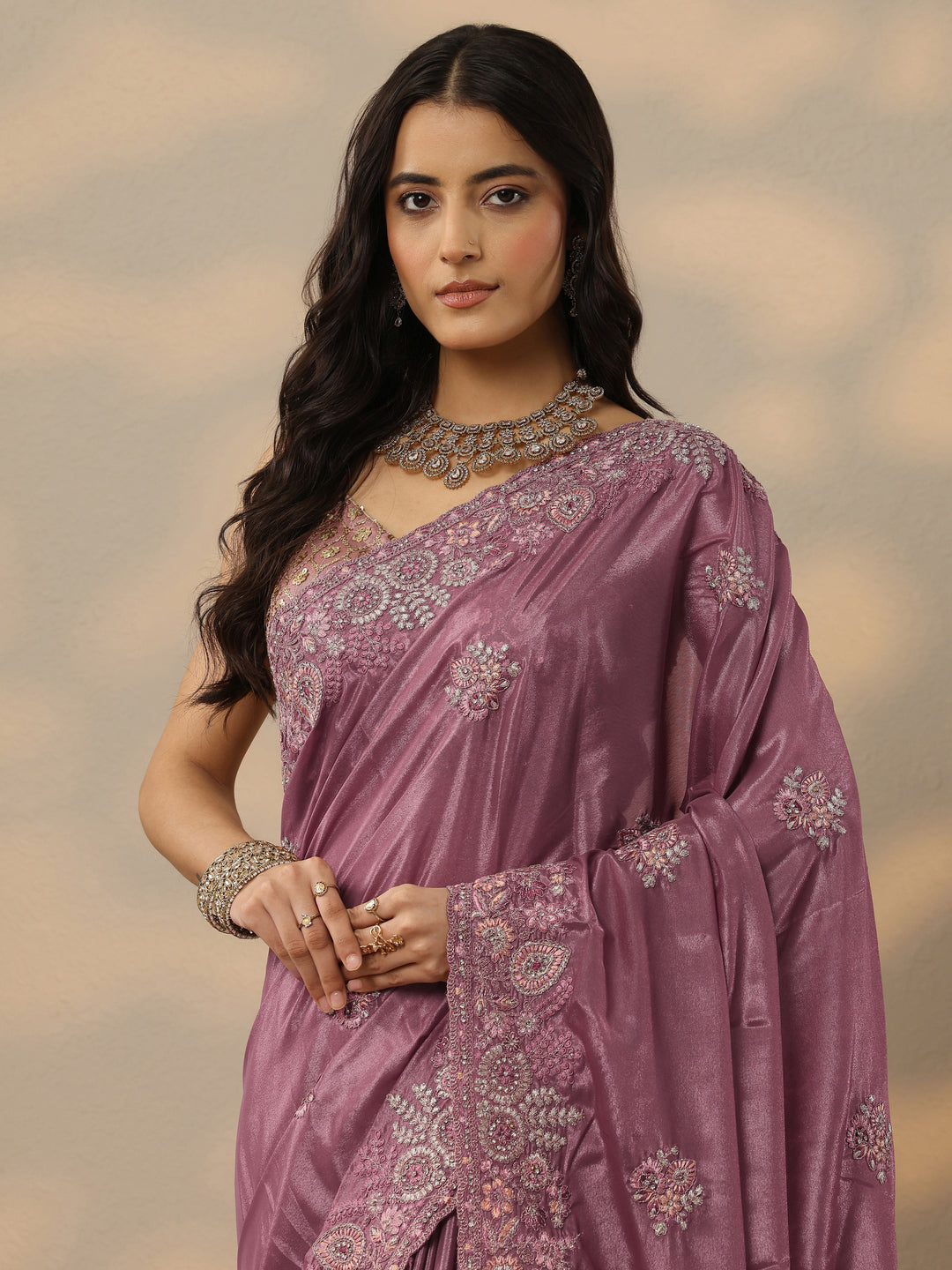  Pink Embroidered Crepe Saree With Unstitched Blouse Piece 