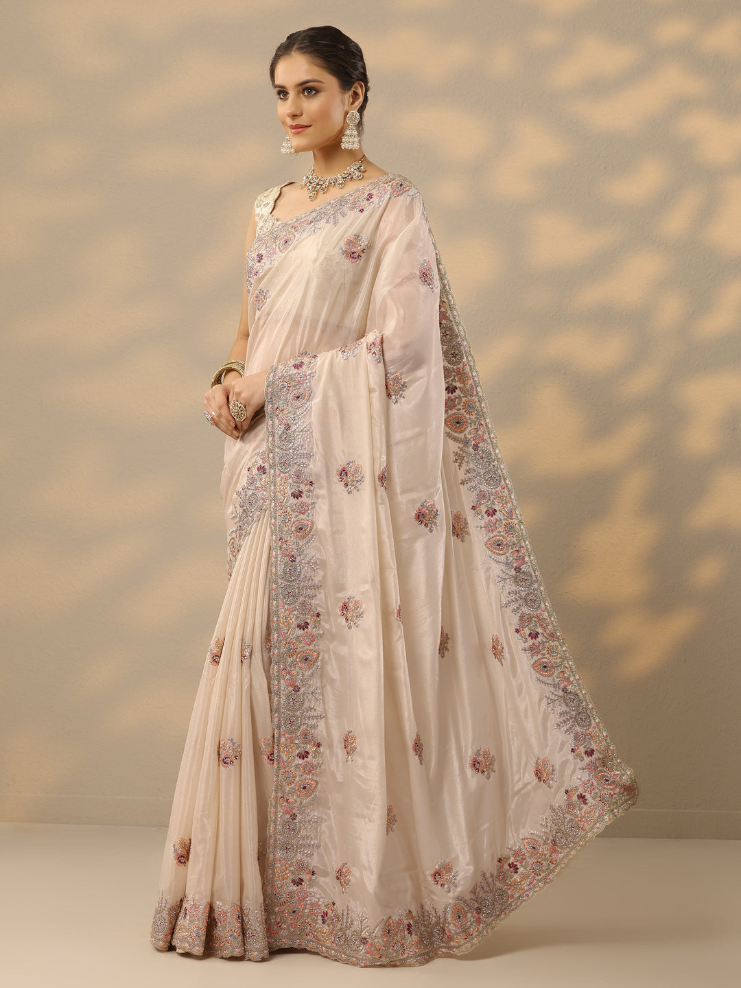  Cream Embroidered Crepe Saree With Unstitched Blouse Piece 
