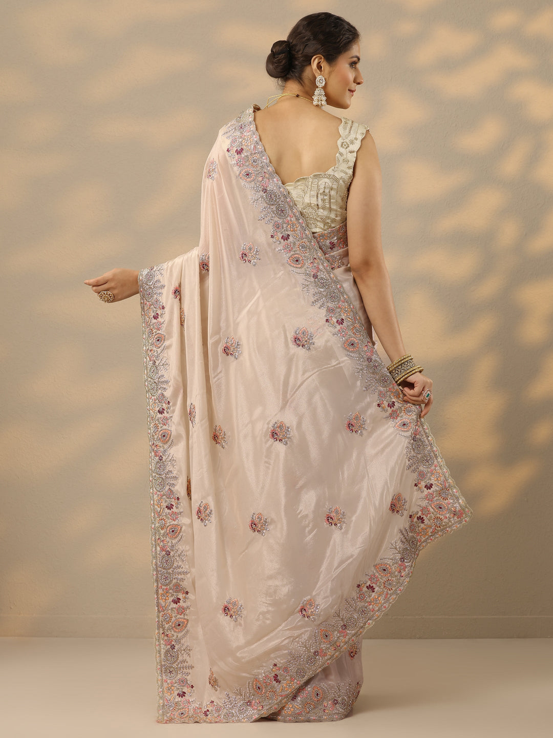  Cream Embroidered Crepe Saree With Unstitched Blouse Piece 