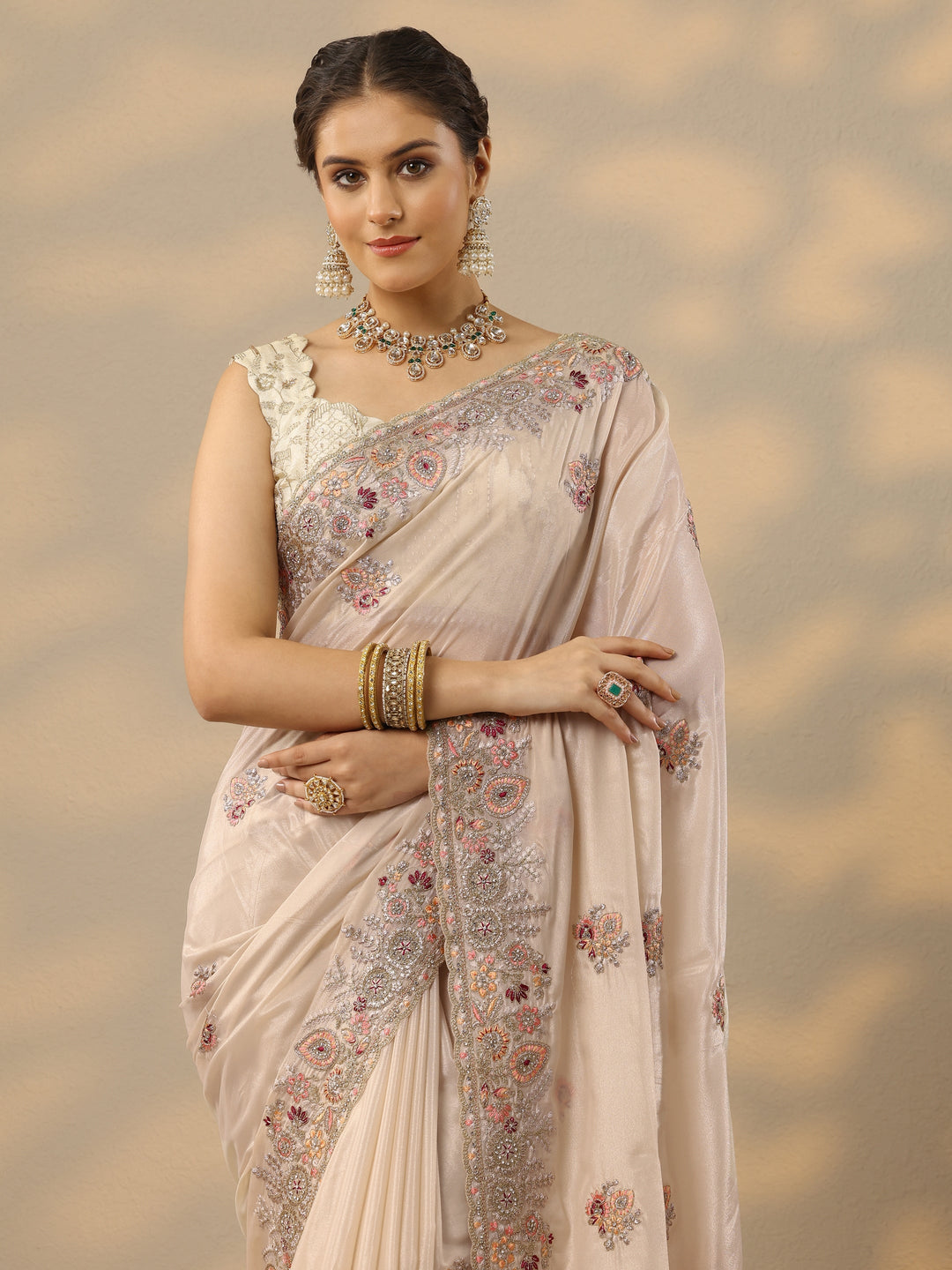  Cream Embroidered Crepe Saree With Unstitched Blouse Piece 