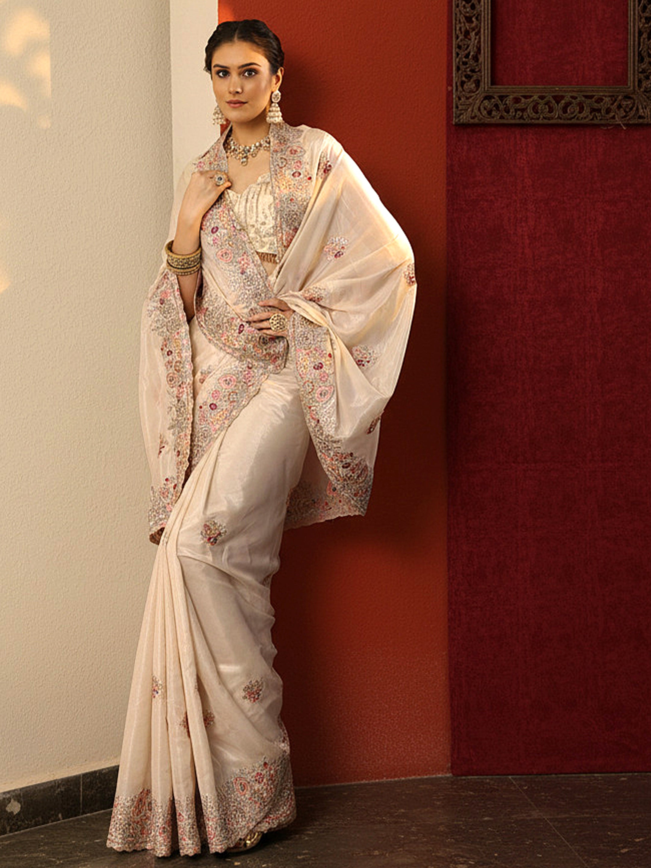 libas Cream Embroidered Crepe Saree With Unstitched Blouse Piece-picture-47