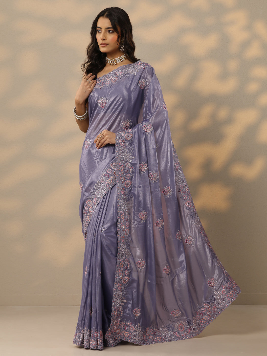  Lavender Embroidered Crepe Saree With Unstitched Blouse Piece 