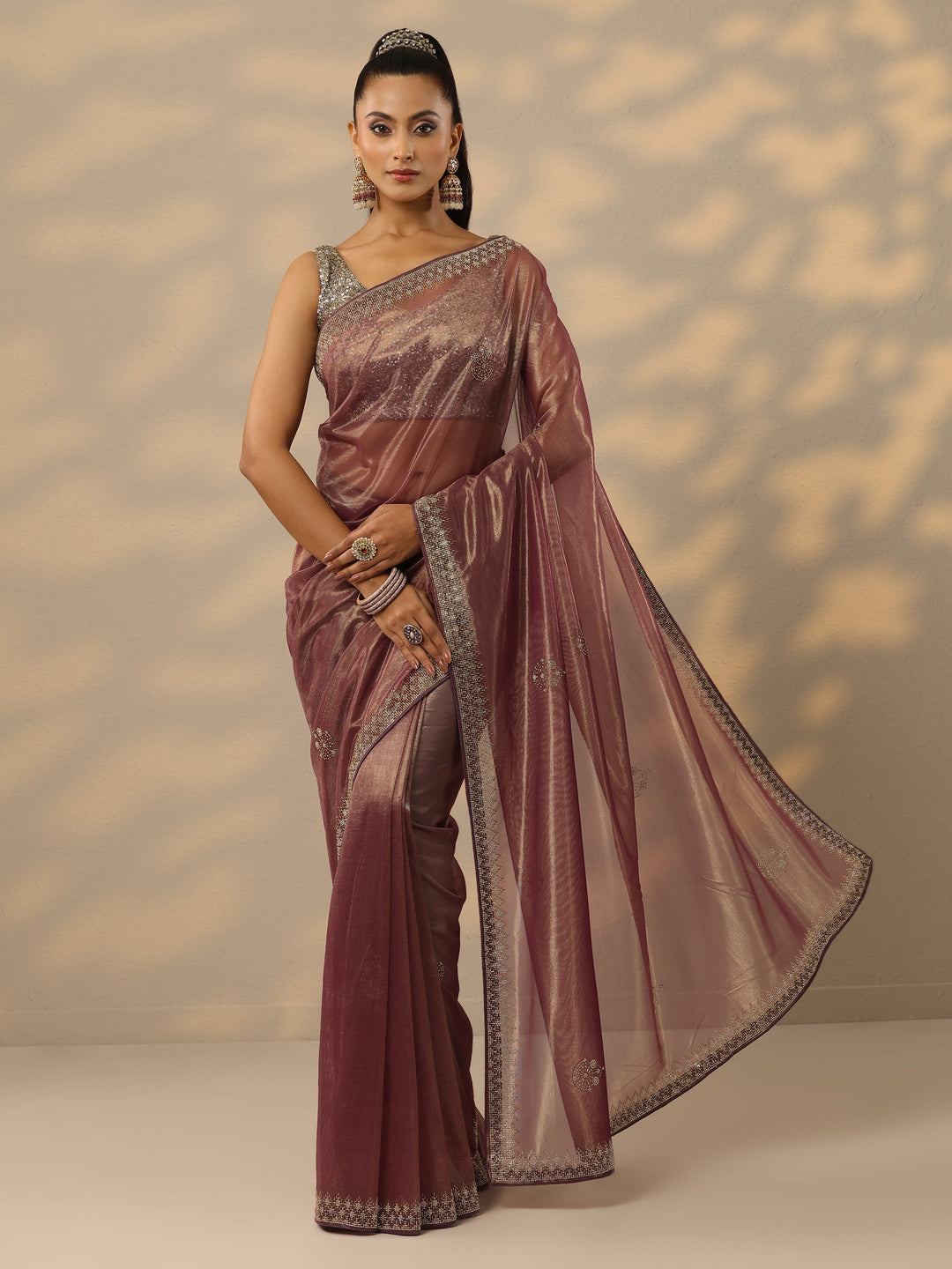  Mauve Embellished Nylon Saree With Unstitched Blouse Piece 