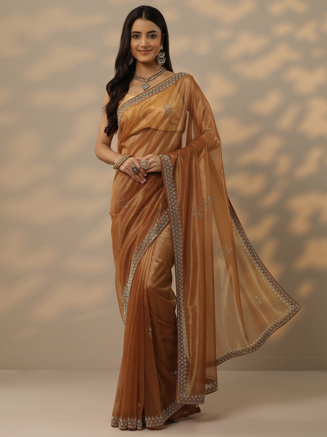  Rust Embellished Nylon Saree With Unstitched Blouse Piece 