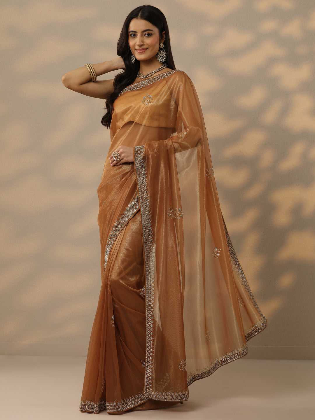  Rust Embellished Nylon Saree With Unstitched Blouse Piece 