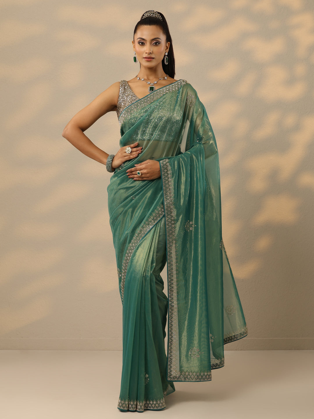  Green Embellished Nylon Saree With Unstitched Blouse Piece 